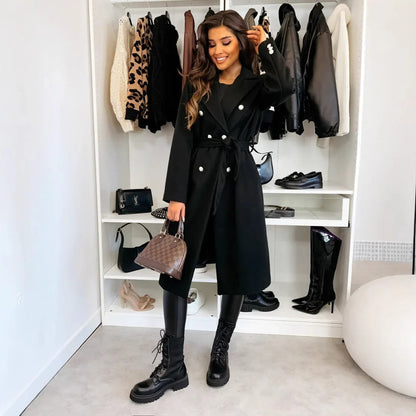 Fashion Solid Color Double-breasted Lace-up Woolen Coat - Gizmo Galaxy