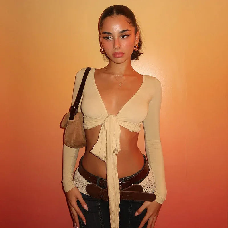 Pure Desire Strap Long-sleeved T-shirt Sexy Deep V-neck Short Blouse - Gizmo Galaxy