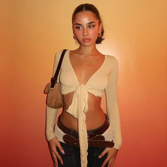 Pure Desire Strap Long-sleeved T-shirt Sexy Deep V-neck Short Blouse - Gizmo Galaxy