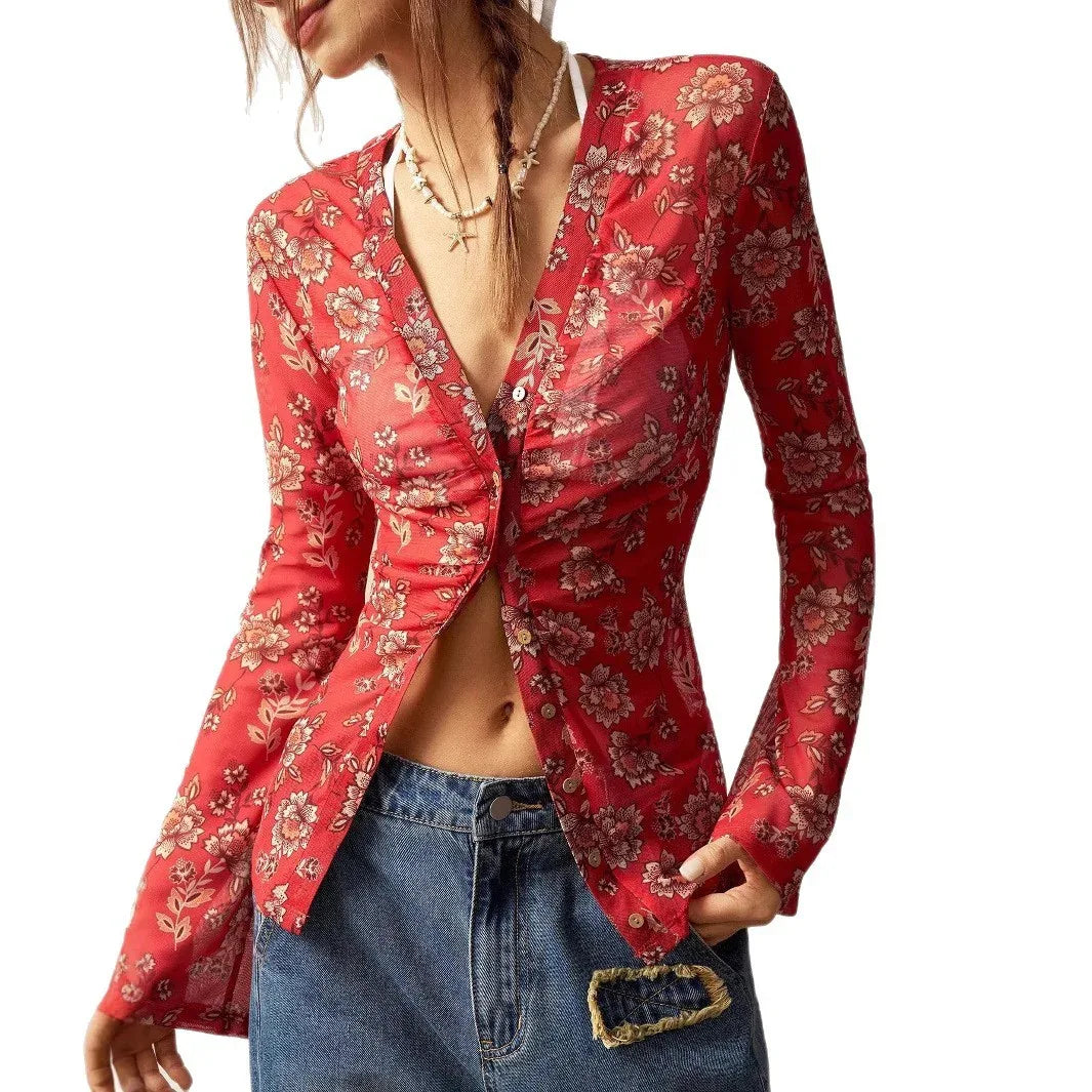 European And American Printed Shirt Women's Slim Fit Slimming Retro Temperament - Gizmo Galaxy