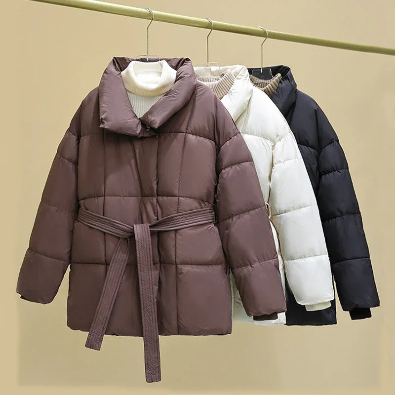 Warm Lapel Plaid Coat With Belt Design Fashion Casual Thick Jacket Fall And Winter Women's Clothing - Gizmo Galaxy