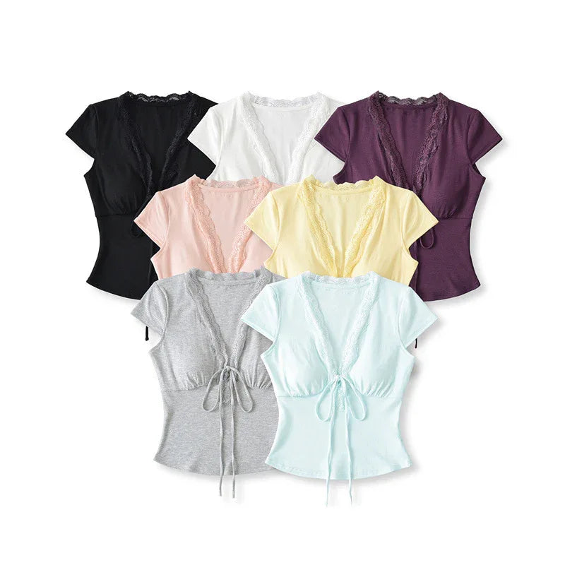 European And American Style Slim Chest Pad Lace V-neck Short Sleeve - Gizmo Galaxy