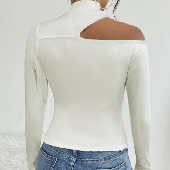 Ladies' Solid Color Elegant High Neck Sloping Shoulder Off The Shoulder Sexy T-shirt Top - Gizmo Galaxy