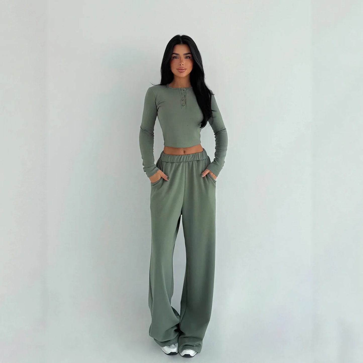 Women's Solid-color Casual Crew-neck Button-up Long-sleeve Top And Trousers - Gizmo Galaxy