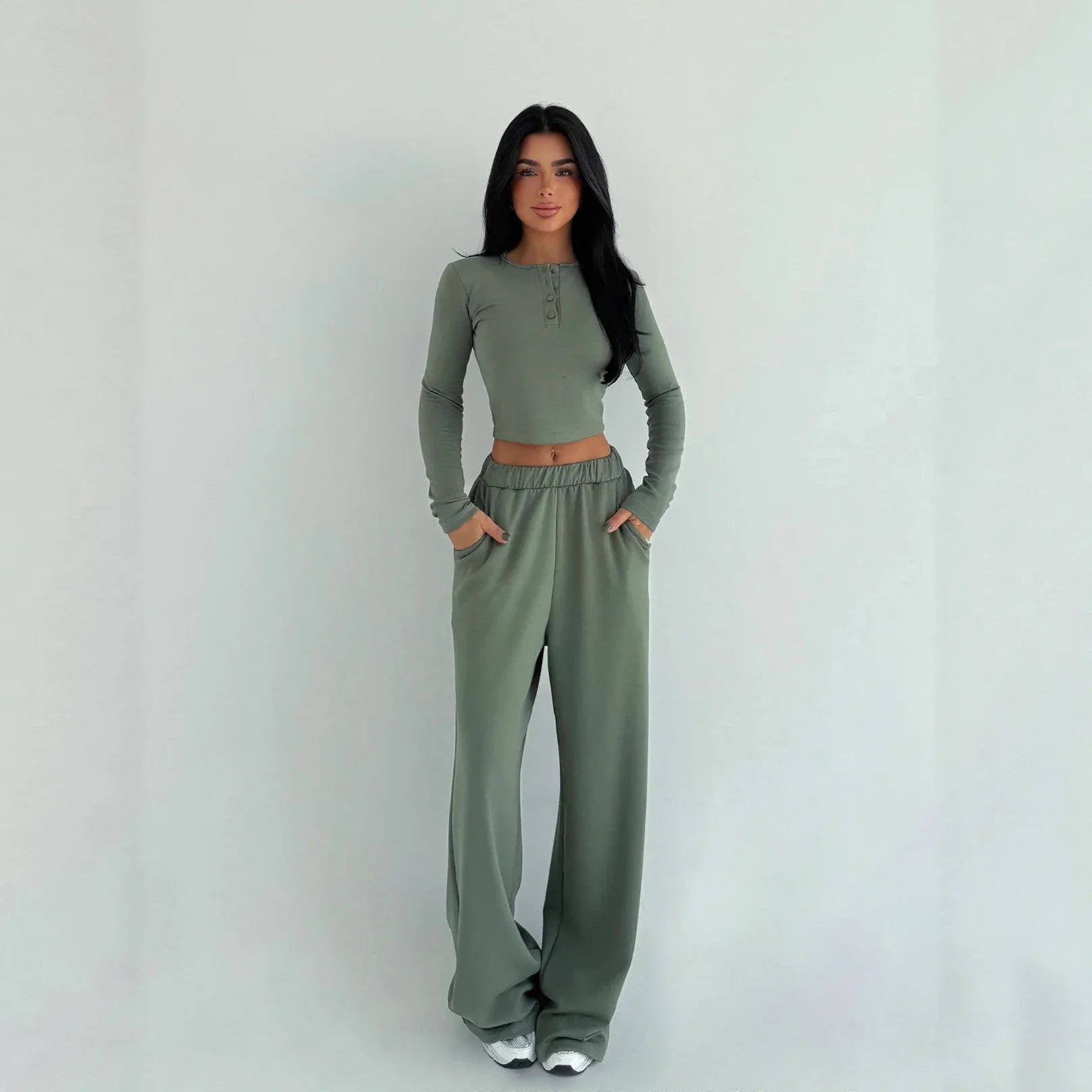 Women's Solid-color Casual Crew-neck Button-up Long-sleeve Top And Trousers - Gizmo Galaxy