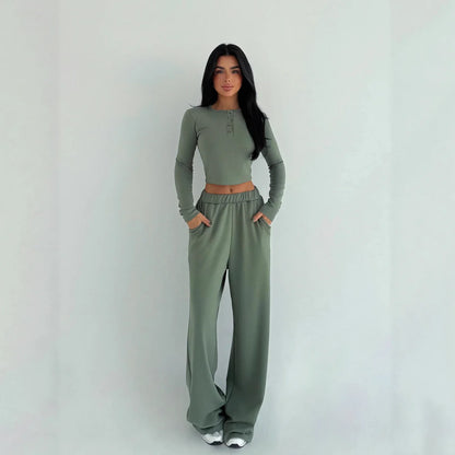 Women's Solid-color Casual Crew-neck Button-up Long-sleeve Top And Trousers - Gizmo Galaxy