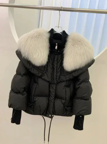 High-end Fox Fur Collar White Duck Down Short Down Jacket Female Light Luxury Loose And Warm Puffer Jacket Coat - Gizmo Galaxy