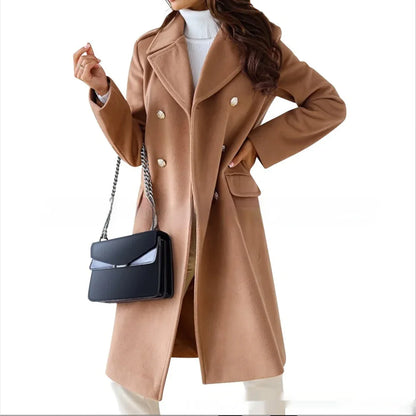 Simple Double Breasted Woolen Coat For Women - Gizmo Galaxy