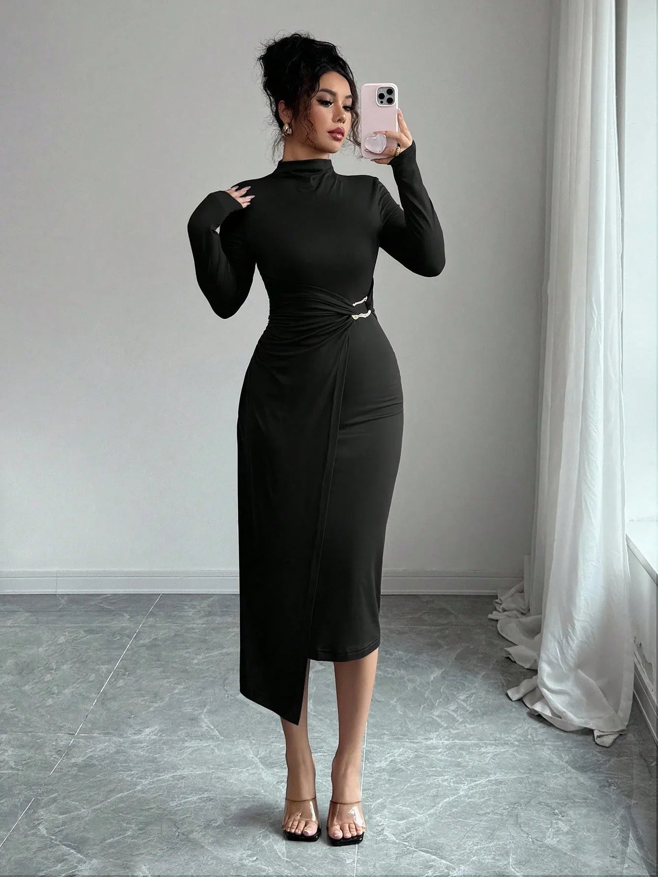 Small Stand-up Collar Knit Solid-color Dress With Metal Buttons - Gizmo Galaxy
