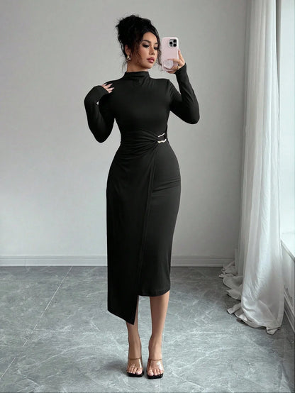Small Stand-up Collar Knit Solid-color Dress With Metal Buttons - Gizmo Galaxy