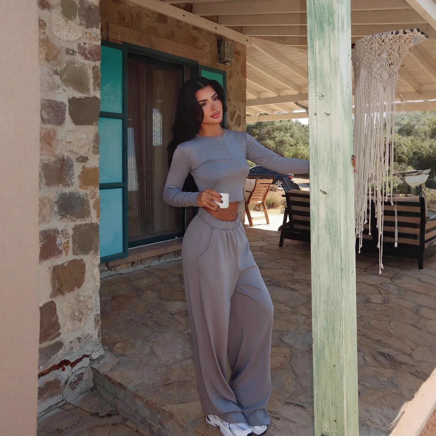 Women's Solid-color Casual Crew-neck Button-up Long-sleeve Top And Trousers - Gizmo Galaxy