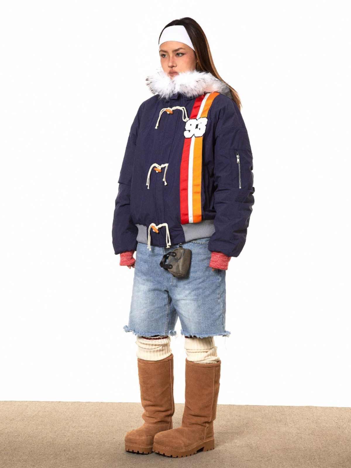 Horn Button Ribbon Short Fur Collar Cotton Coat - Gizmo Galaxy