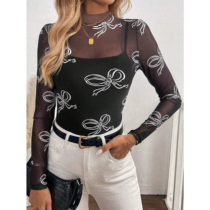 Women's Semi High Neck Sheer Long Sleeve TShirt Sexy Y2K Mesh Top - Gizmo Galaxy