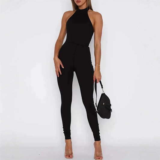 Women's Pure Color Halter Backless Sexy Slim-fit Jumpsuit Trousers - Gizmo Galaxy