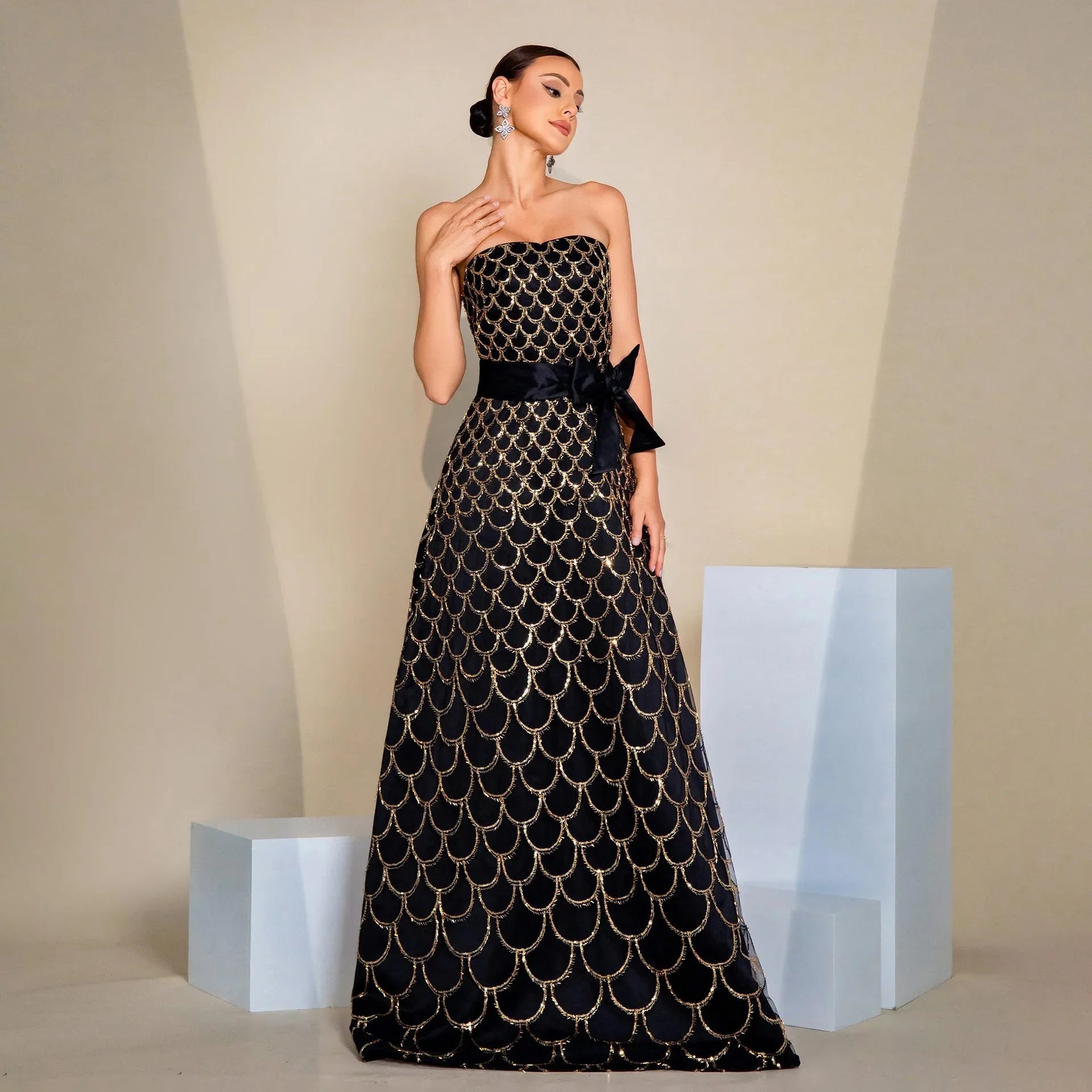 Off-neck Wrapped Chest Nipped-waist Large Swing Sequined Evening Dress - Gizmo Galaxy