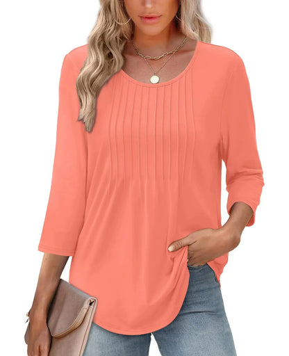 New Women's Long Sleeved Top, Fashionable And Casual Pleated Low Round Neck Women's T-shirt - Gizmo Galaxy