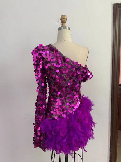 Purple Sequined Feather Skirt One-shoulder Sleeve Short Dress Luxury Party Stage Performance Dress - Gizmo Galaxy
