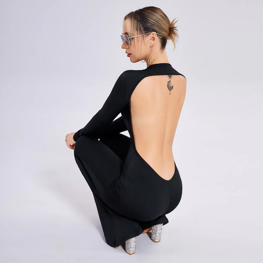 Long-sleeved Open-back Slim-fit Straight-leg Jumpsuit - Gizmo Galaxy