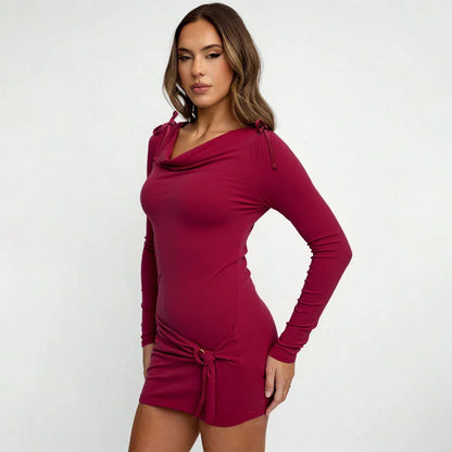 Sophisticated Mature-chic Design Wine-red Turtleneck Long-sleeve Figure-hugging Sheath Dress For Fall And Winter - Gizmo Galaxy