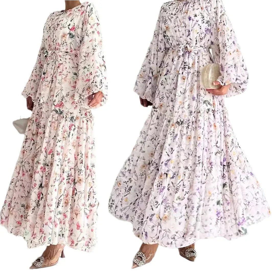 Chiffon Floral Dress With Belt Long Length Stylish And Elegant - Gizmo Galaxy