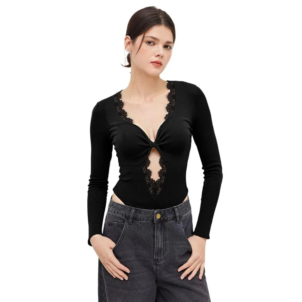 Autumn And Winter Black V-neck Lace-trimmed Twist Long-sleeved Hollow-out Design Slim-fit Bodysuit - Gizmo Galaxy