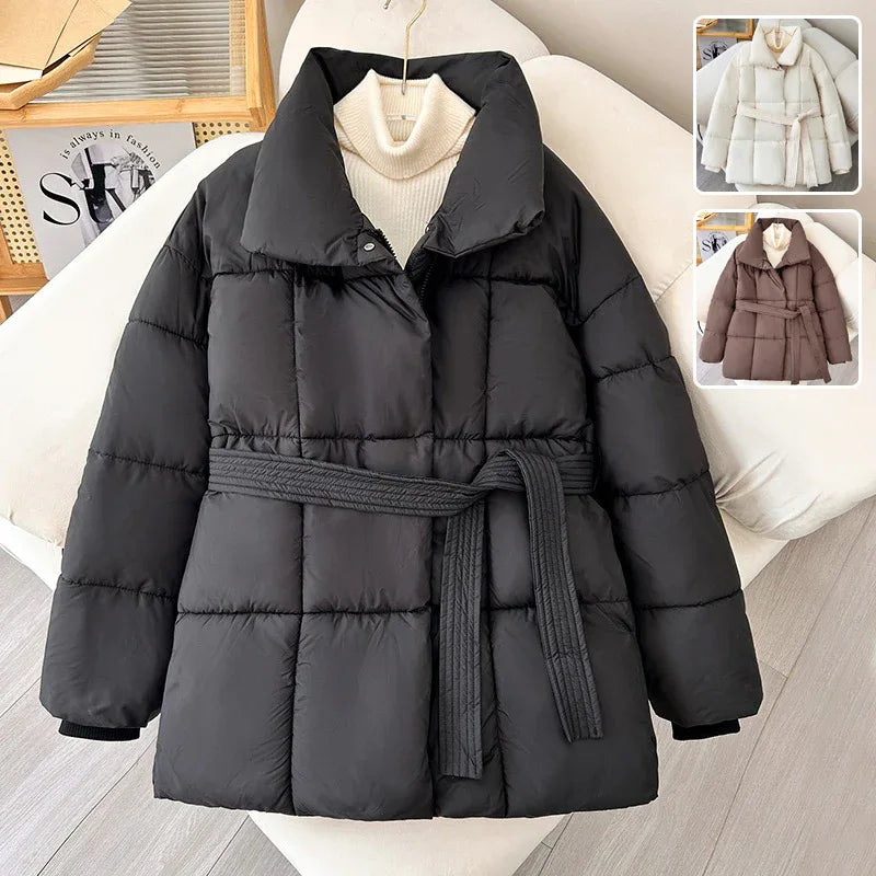 Warm Lapel Plaid Coat With Belt Design Fashion Casual Thick Jacket Fall And Winter Women's Clothing - Gizmo Galaxy