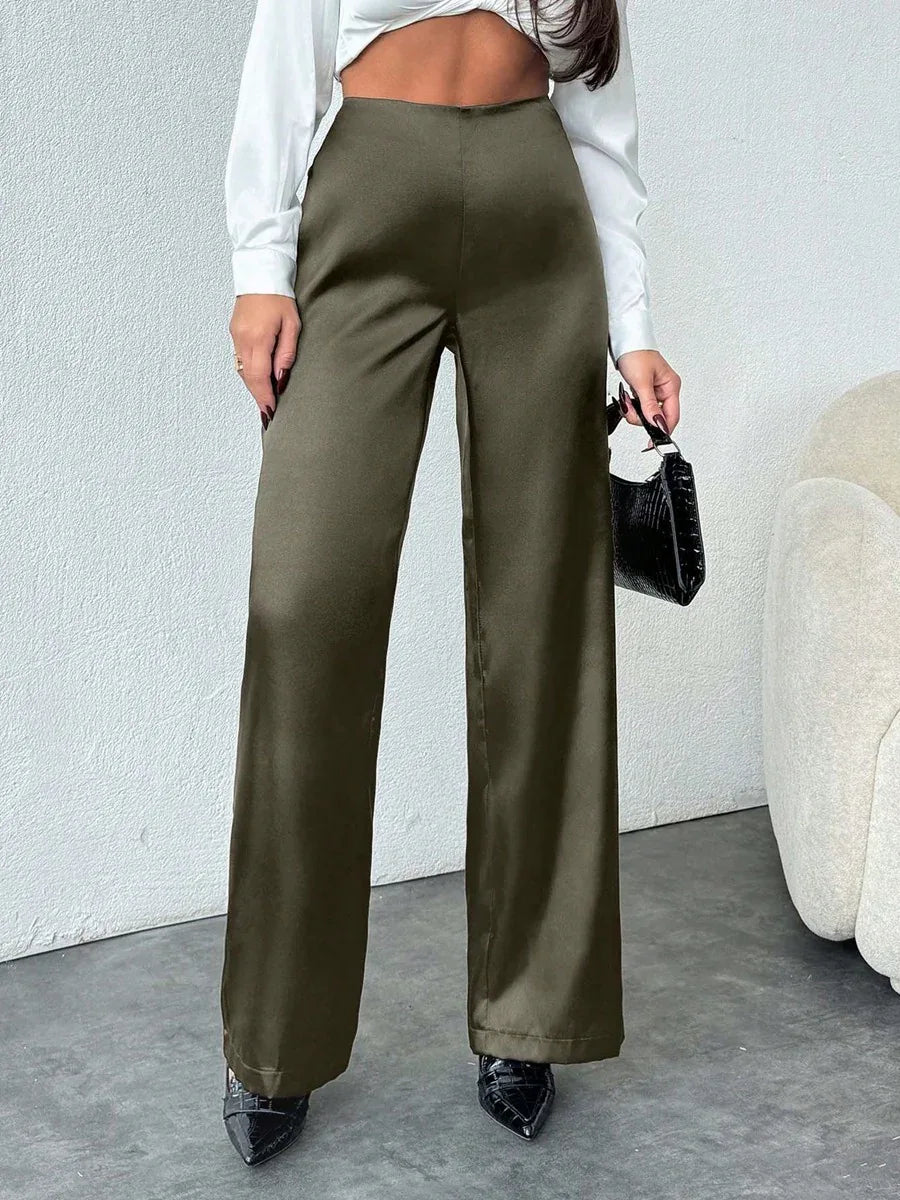 Women's Solid-Colored Casual Loose Satin Wide-Leg Pants - Gizmo Galaxy