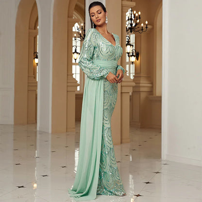 Long Sleeve Sexy Long Sequined V-neck Banquet Ribbon Evening Dress - Gizmo Galaxy