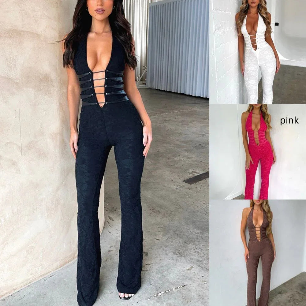 Lash Rope Lace Up Slim Fit Jumpsuit See-through Lace - Gizmo Galaxy