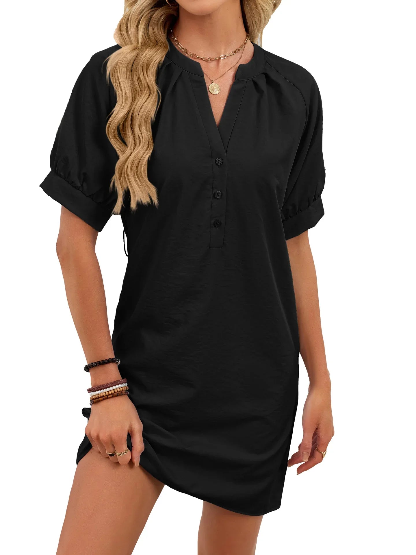 Women's Solid-Color Casual V-Neck Lace-Up Dress - Gizmo Galaxy