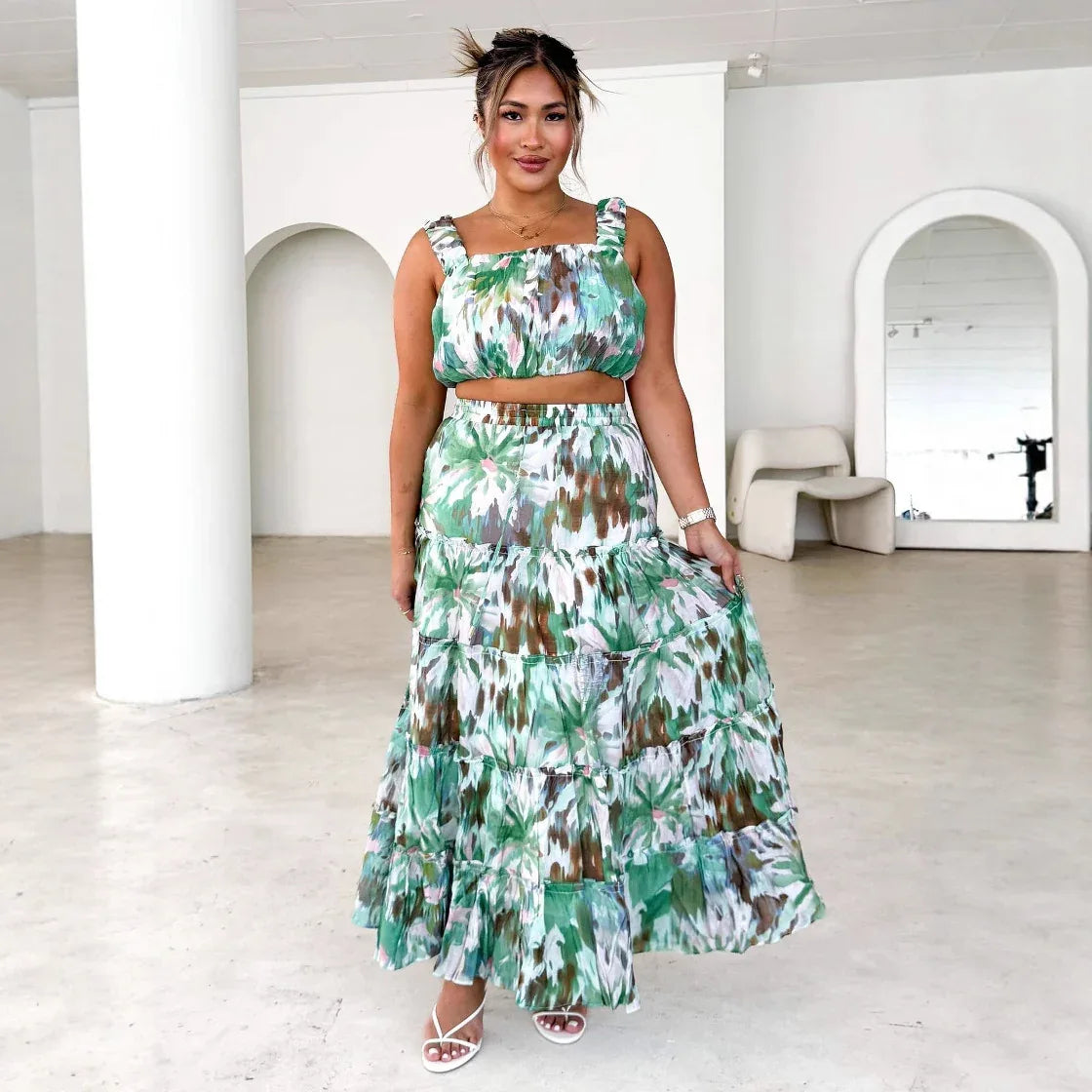 Women's Retro Sleeveless Short Wrap Bustier Printed High Waist Skirt Set - Gizmo Galaxy