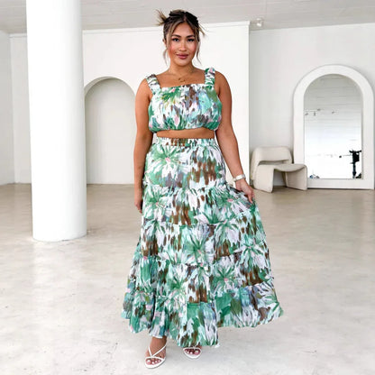 Women's Retro Sleeveless Short Wrap Bustier Printed High Waist Skirt Set - Gizmo Galaxy