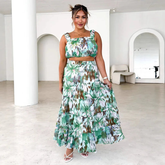 Women's Retro Sleeveless Short Wrap Bustier Printed High Waist Skirt Set - Gizmo Galaxy