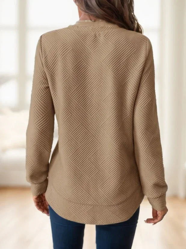 Women Casual Comfortable Waffle-Textured Asymmetrical Hem Crew Neck Sweatshirt - Gizmo Galaxy