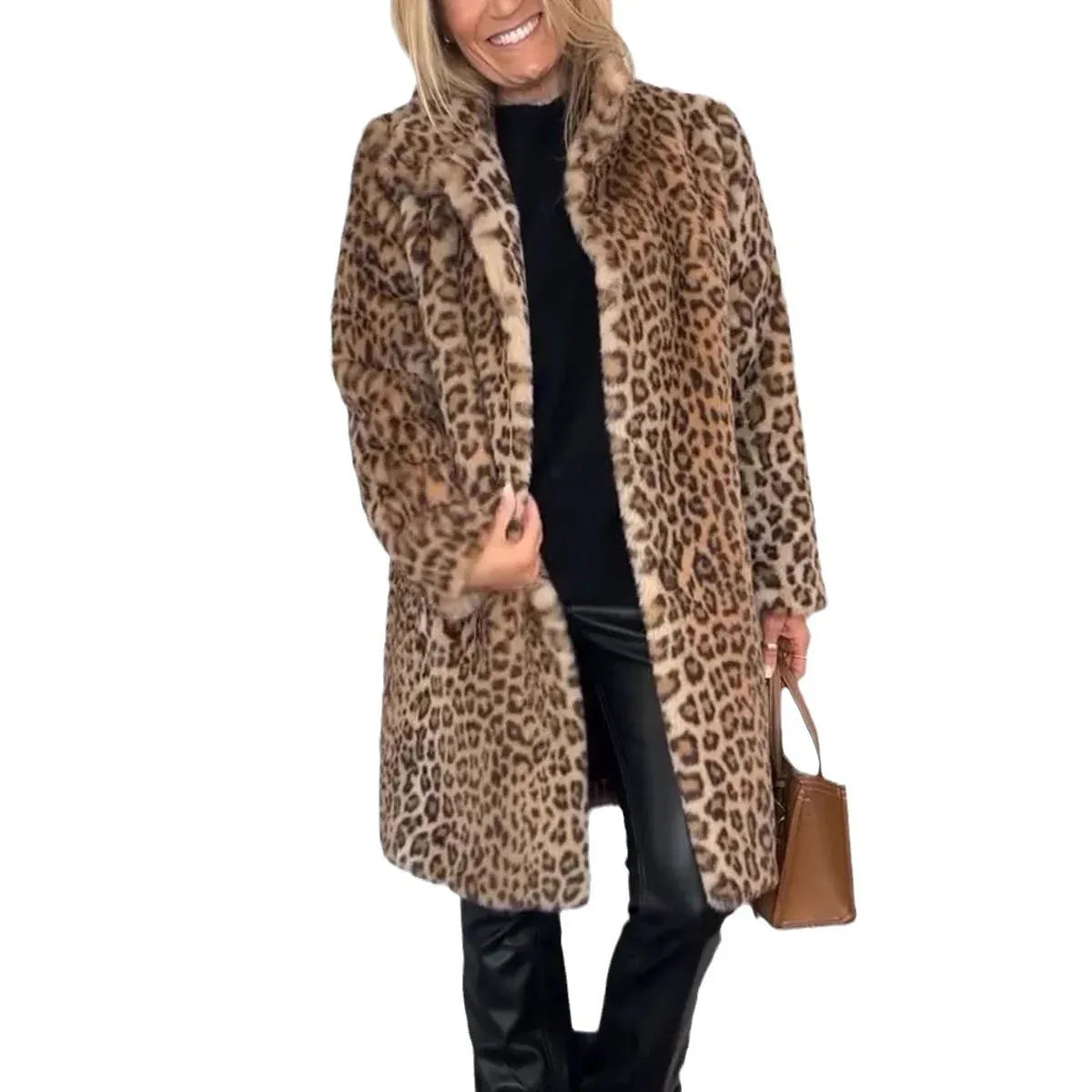 Fall Winter Leopard Print Plush Mid-length Coat - Gizmo Galaxy