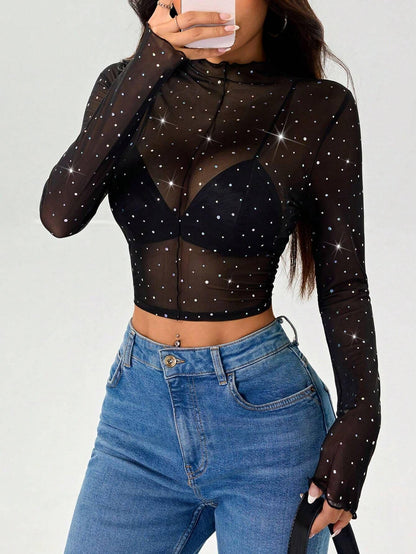 Stand-up Collar Long-sleeved Mesh Transparent Sequined Decorative T-shirt Top - Gizmo Galaxy