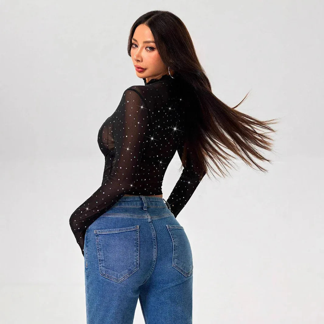 Stand-up Collar Long-sleeved Mesh Transparent Sequined Decorative T-shirt Top - Gizmo Galaxy