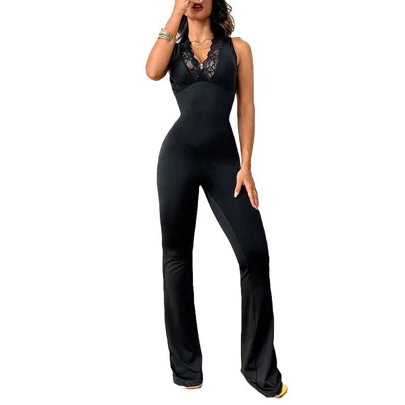 European And American Style Street Hot Girl Versatile V-neck Lace Trim Jumpsuit Flared Pants - Gizmo Galaxy