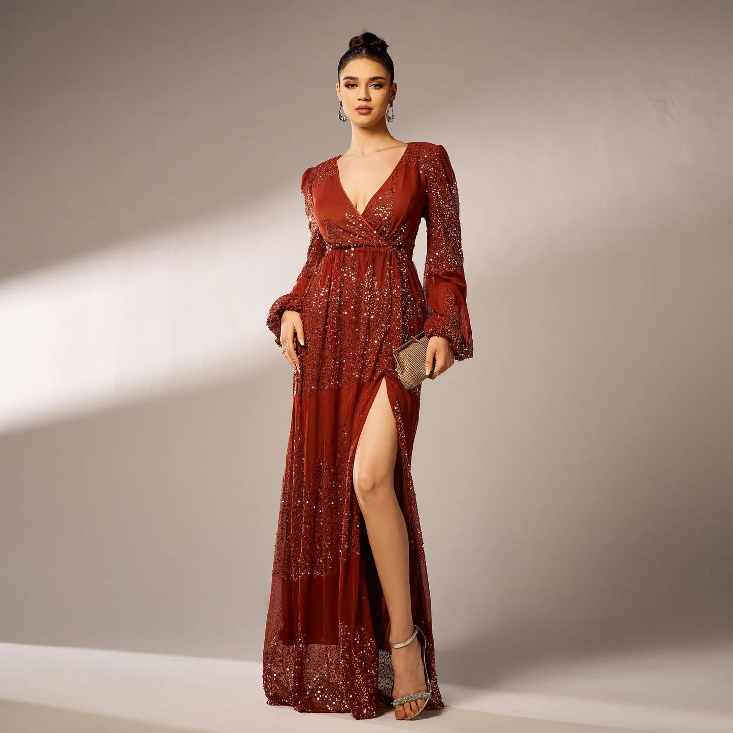 Long Sleeve V-neck Sexy Long Sequined Evening Dress - Gizmo Galaxy