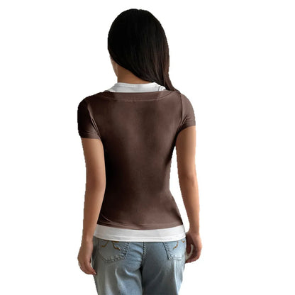 Button Slim Fit Short Sleeve Vest Women's T-shirt - Gizmo Galaxy