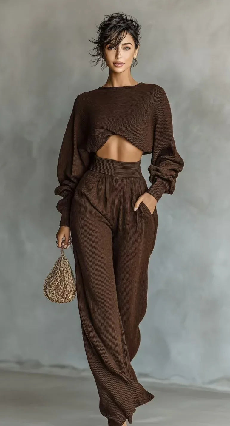 Fashionable Women's Knit Long-sleeve Top And Pants Two-piece Set - Gizmo Galaxy