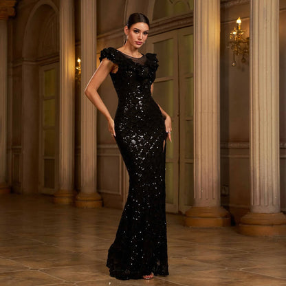 Sleeveless Round Neck Sequins Slim Fit Slit Evening Gown - Gizmo Galaxy