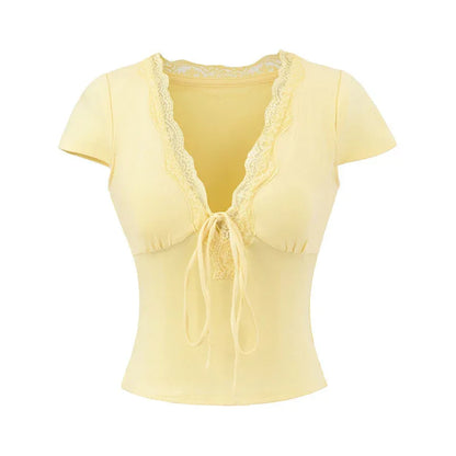 European And American Style Slim Chest Pad Lace V-neck Short Sleeve - Gizmo Galaxy