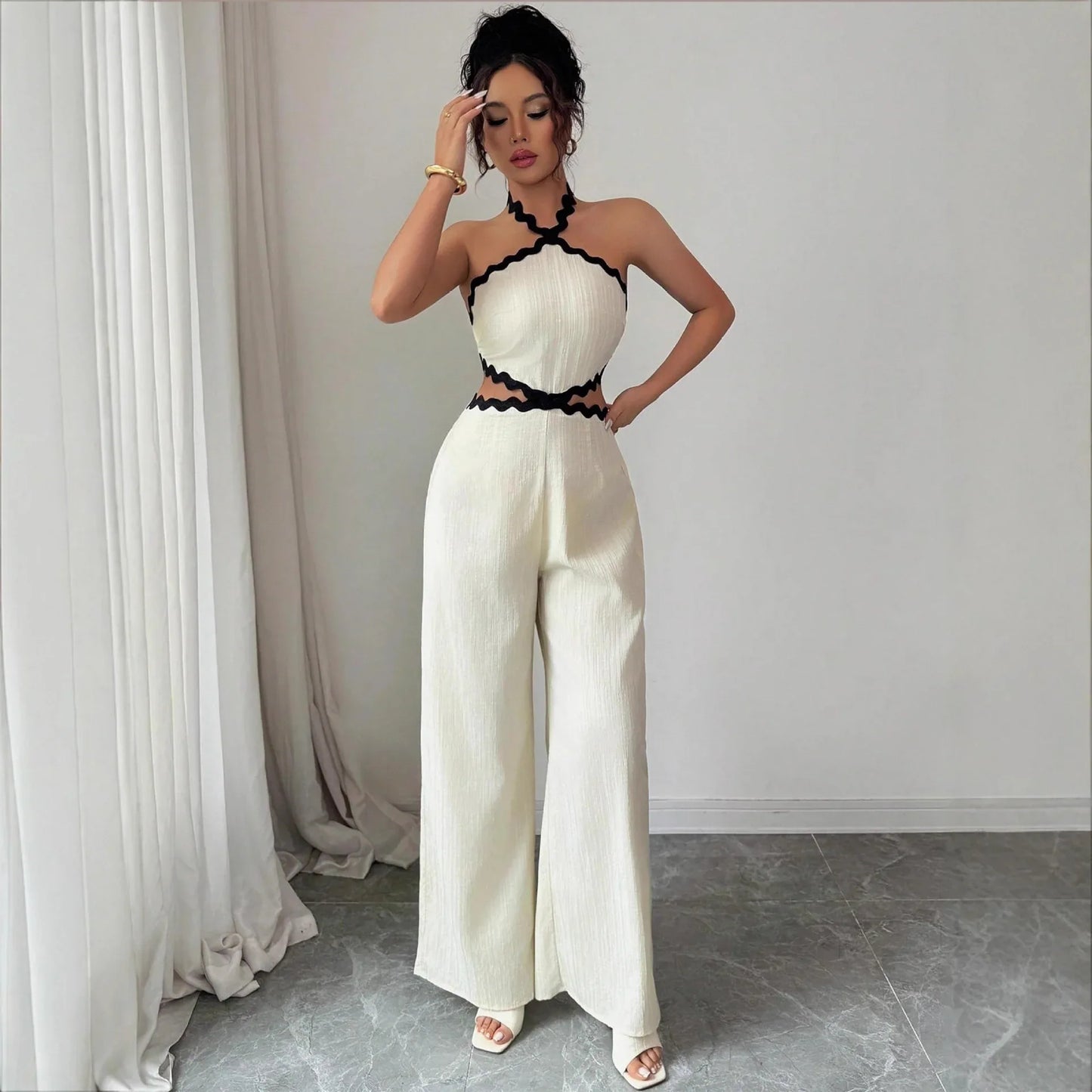 Women's Fashionable Wave Lace Texture Halter Stitching Hollow-out Jumpsuit - Gizmo Galaxy