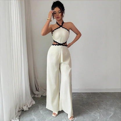 Women's Fashionable Wave Lace Texture Halter Stitching Hollow-out Jumpsuit - Gizmo Galaxy