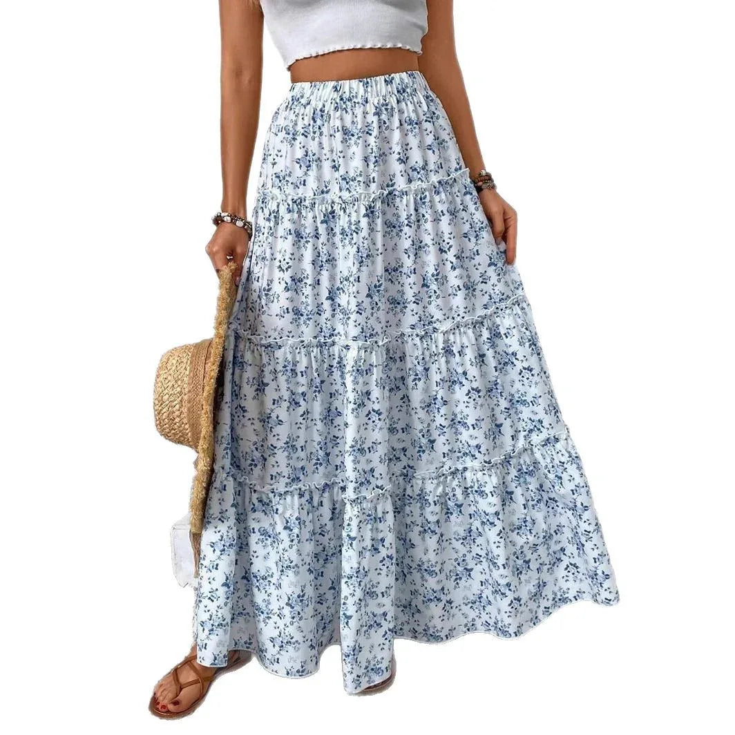 Women's Patchwork Floral Print Chiffon Pleated High Waist Midi Skirt - Gizmo Galaxy