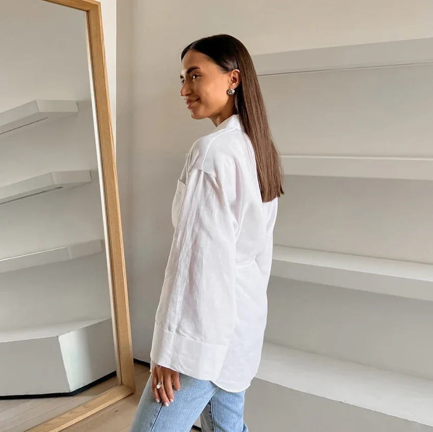 Women's Simple White Cotton And Linen Loose Lapels Shirt - Gizmo Galaxy