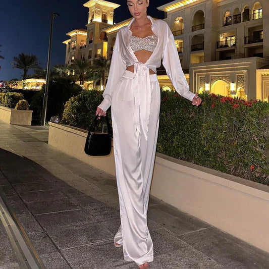 Two-piece Set Featuring A Lapel Long-sleeve Shirt And High-waisted Wide-leg Pants - Gizmo Galaxy