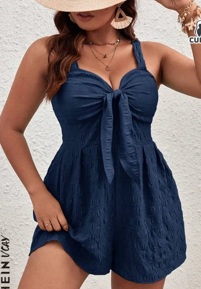 Plus Size Women's Summer Solid Color Front Knot Casual Tank Top Romper - Gizmo Galaxy