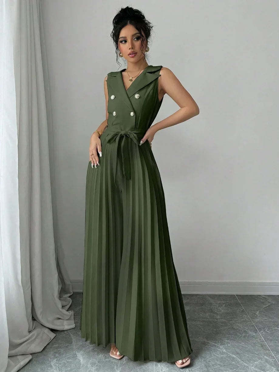 Suit Collar Bow Tie Belted Waist Pleated Jumpsuit - Gizmo Galaxy